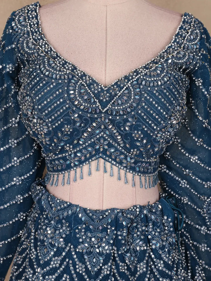 Teal Blue Heavy Sequin And Stone Embroidered Net Bridal Lehenga Set With Dupatta - Diadem