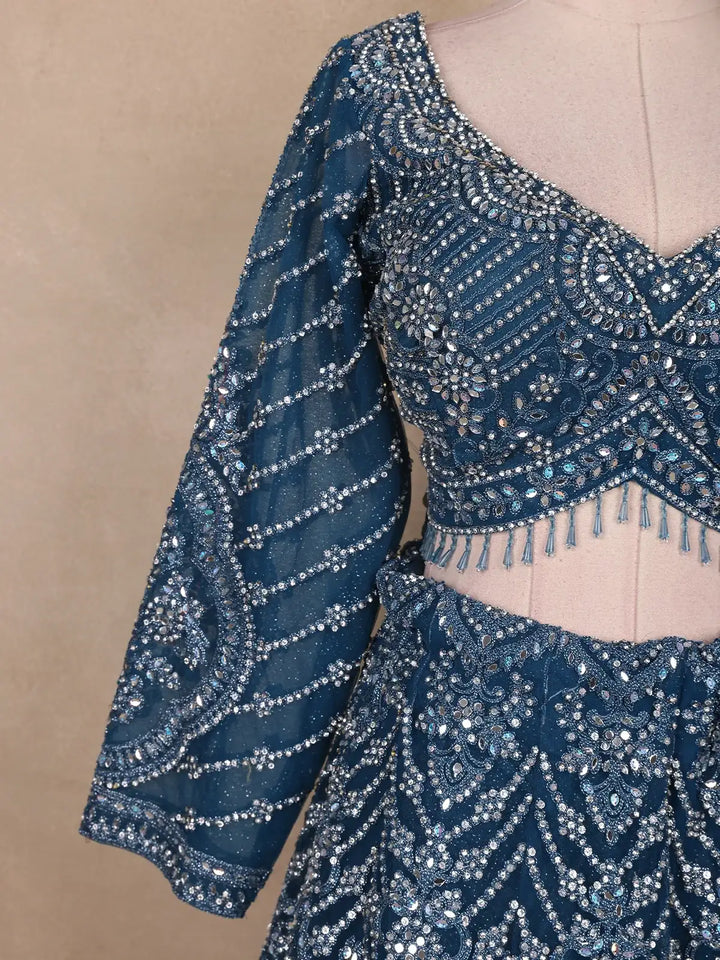 Teal Blue Heavy Sequin And Stone Embroidered Net Bridal Lehenga Set With Dupatta - Diadem