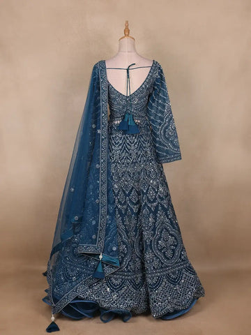 Teal Blue Heavy Sequin And Stone Embroidered Net Bridal Lehenga Set With Dupatta - Diadem