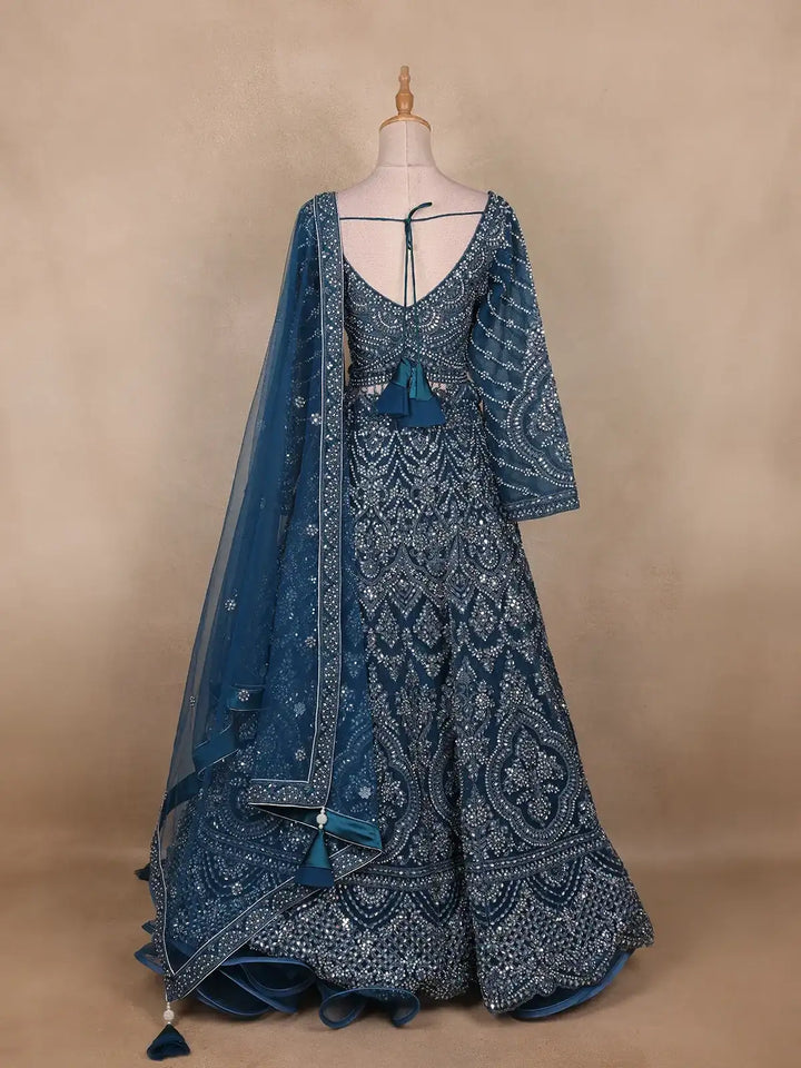 Teal Blue Heavy Sequin And Stone Embroidered Net Bridal Lehenga Set With Dupatta - Diadem