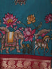 Teal Blue Kalamkari Floral and Animal Motif Printed Chanderi Cotton Saree with Maroon Zari Border