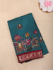 Teal Blue Kalamkari Floral and Animal Motif Printed Chanderi Cotton Saree with Maroon Zari Border