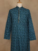Teal Blue Leaf Motif Printed Cotton Kurta For Men