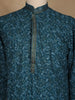 Teal Blue Leaf Motif Printed Cotton Kurta For Men