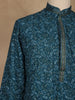 Teal Blue Leaf Motif Printed Cotton Kurta For Men