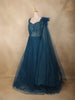 Teal Blue Sequins Embroidered Net Gown with One-Side Shoulder Dupatta