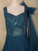 Teal Blue Sequins Embroidered Net Gown with One-Side Shoulder Dupatta