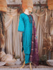 Teal Blue Solid Design Cotton Straight-Cut Salwar Suit with Floral Dupatta