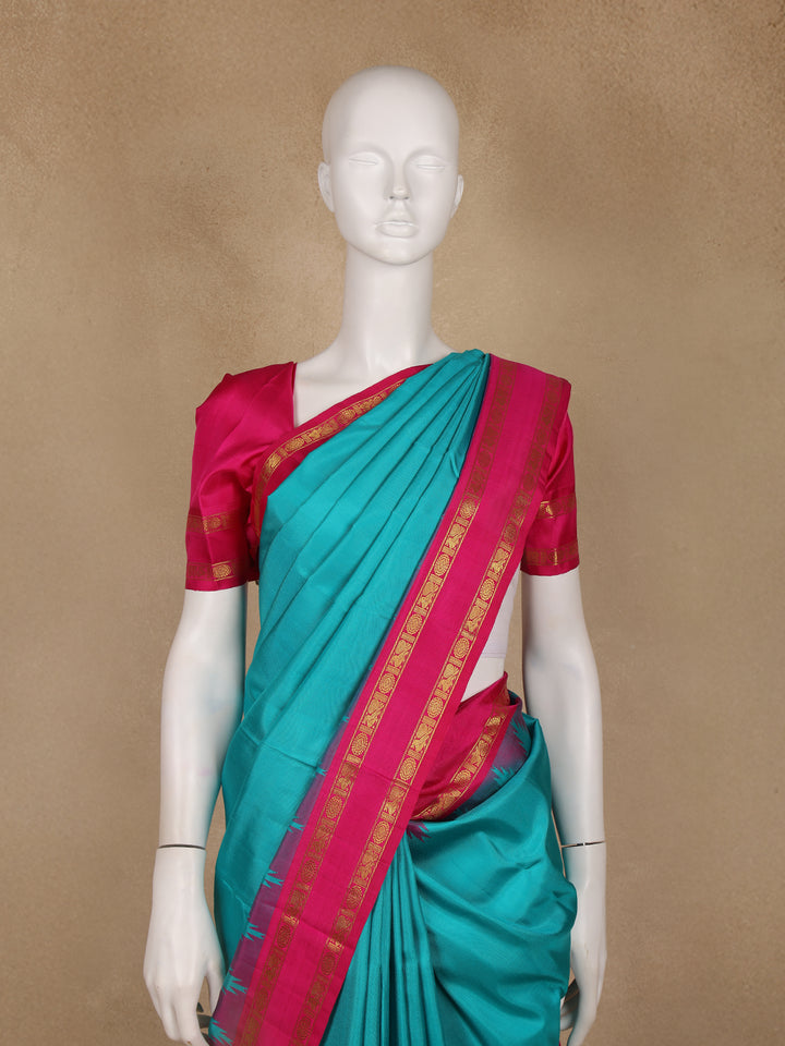 Teal Blue Solid Designed Silk Saree - Diadem