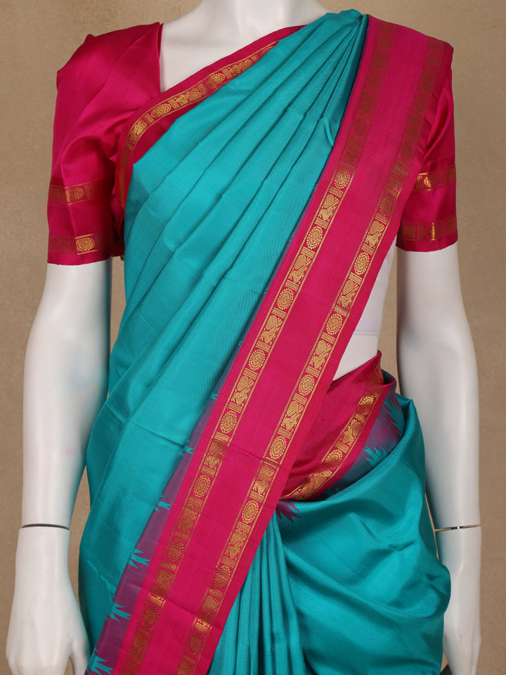 Teal Blue Solid Designed Silk Saree - Diadem