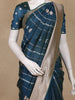 Teal Blue Stripes And Floral Woven Banarasi Silk Saree With Zari Border