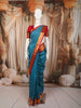 Teal Blue Vertical Striped Zari Woven Design Kanchipuram Silk Saree with Contrast Zari Border