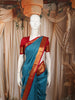 Teal Blue Vertical Striped Zari Woven Design Kanchipuram Silk Saree with Contrast Zari Border