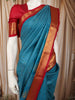 Teal Blue Vertical Striped Zari Woven Design Kanchipuram Silk Saree with Contrast Zari Border