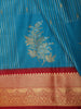 Teal Blue Vertical Striped Zari Woven Design Kanchipuram Silk Saree with Contrast Zari Border