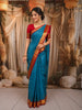 Teal Blue Vertical Striped Zari Woven Design Kanchipuram Silk Saree with Contrast Zari Border