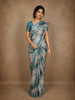 Teal Blue and Beige Abstract Printed Design Tussar Saree with Zari Border