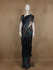 Teal Blue and Black Checked Floral Design Cotton Saree