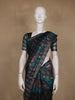 Teal Blue and Black Checked Floral Design Cotton Saree