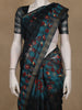 Teal Blue and Black Checked Floral Design Cotton Saree