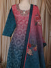 Teal Blue and Dusty Rose Pink Ombre Floral Printed Design Cotton Anarkali Salwar Suit with Dupatta