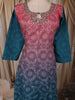 Teal Blue and Dusty Rose Pink Ombre Floral Printed Design Cotton Anarkali Salwar Suit with Dupatta