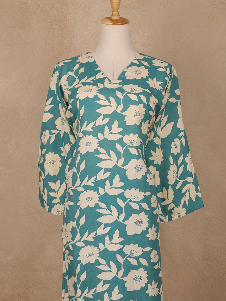 Teal Blue and Ivory Floral Printed Satin Salwar Suit - Diadem