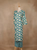 Teal Blue and Ivory Floral Printed Satin Salwar Suit - Diadem