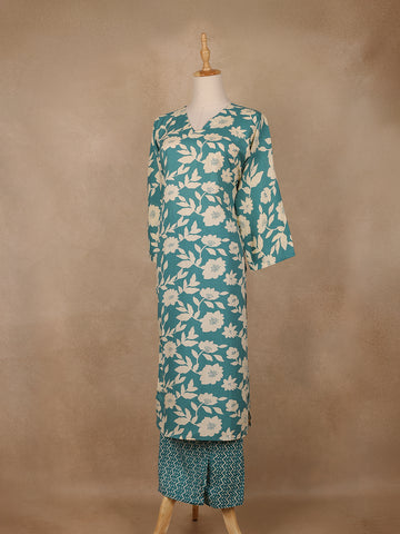 Teal Blue and Ivory Floral Printed Satin Salwar Suit - Diadem