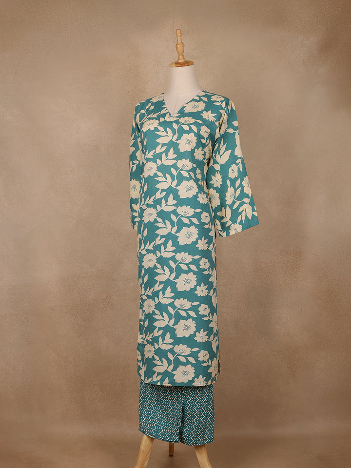 Teal Blue and Ivory Floral Printed Satin Salwar Suit - Diadem