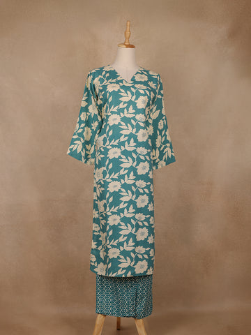 Teal Blue and Ivory Floral Printed Satin Salwar Suit - Diadem
