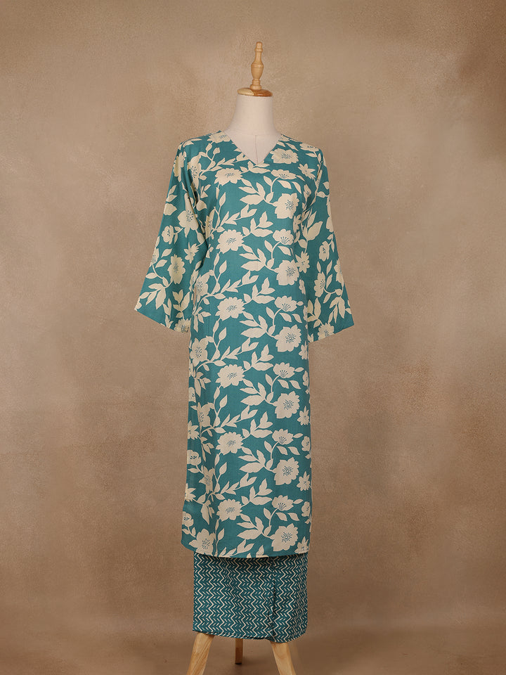 Teal Blue and Ivory Floral Printed Satin Salwar Suit - Diadem