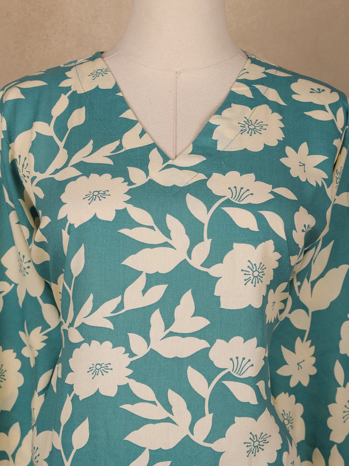 Teal Blue and Ivory Floral Printed Satin Salwar Suit - Diadem