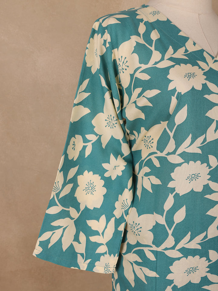 Teal Blue and Ivory Floral Printed Satin Salwar Suit - Diadem