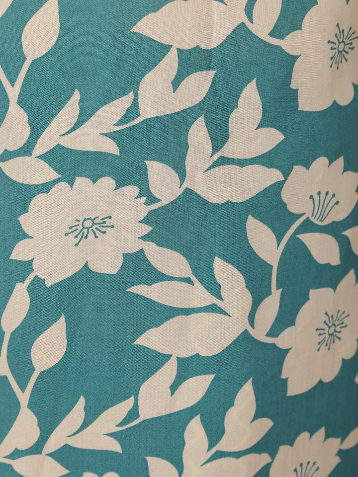 Teal Blue and Ivory Floral Printed Satin Salwar Suit - Diadem