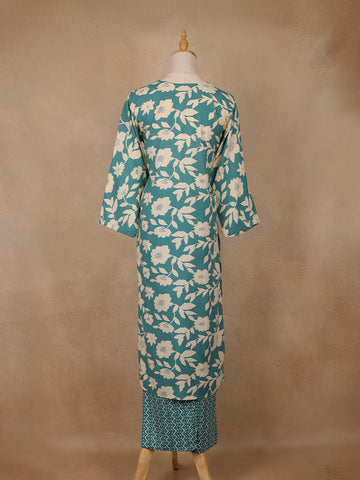 Teal Blue and Ivory Floral Printed Satin Salwar Suit - Diadem