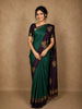 Teal Green Checked Woven Design Pure Kanchipuram Silk Saree with Contrast Peacock Border