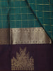 Teal Green Checked Woven Design Pure Kanchipuram Silk Saree with Contrast Peacock Border