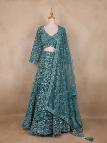 Teal Green Floral And Mirror Embroidered Net Bridal Lehenga Set - Diadem