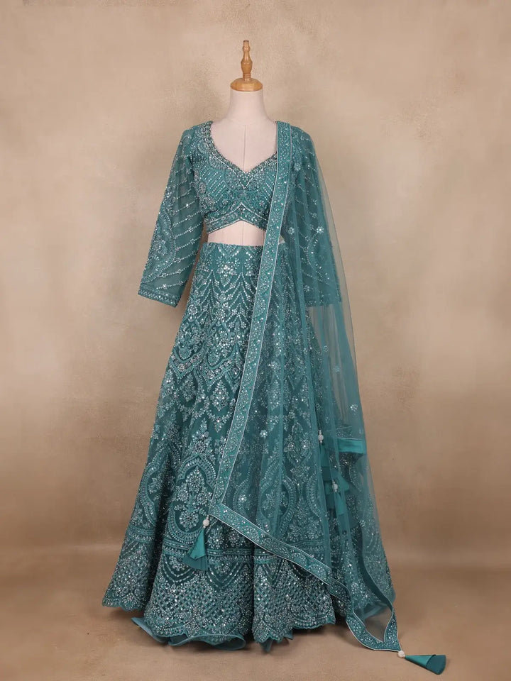 Teal Green Floral And Mirror Embroidered Net Bridal Lehenga Set - Diadem