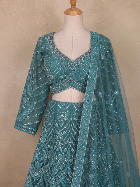 Teal Green Floral And Mirror Embroidered Net Bridal Lehenga Set - Diadem