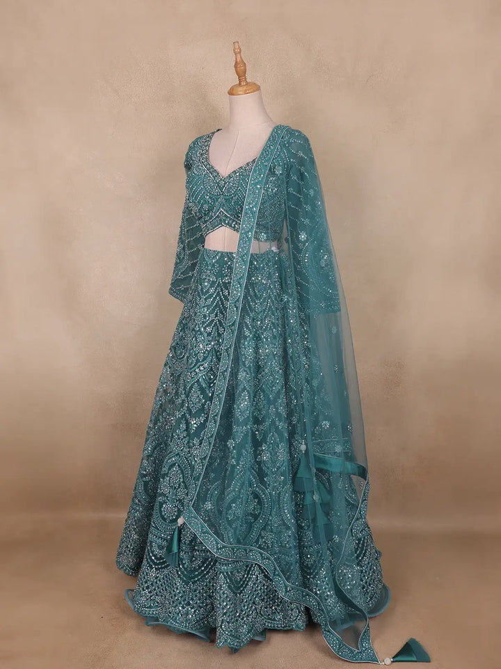 Teal Green Floral And Mirror Embroidered Net Bridal Lehenga Set - Diadem