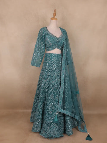 Teal Green Floral And Mirror Embroidered Net Bridal Lehenga Set - Diadem