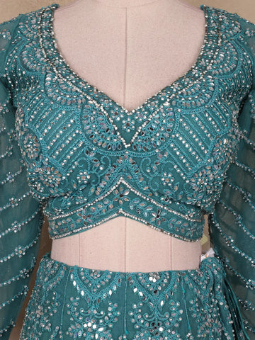Teal Green Floral And Mirror Embroidered Net Bridal Lehenga Set - Diadem