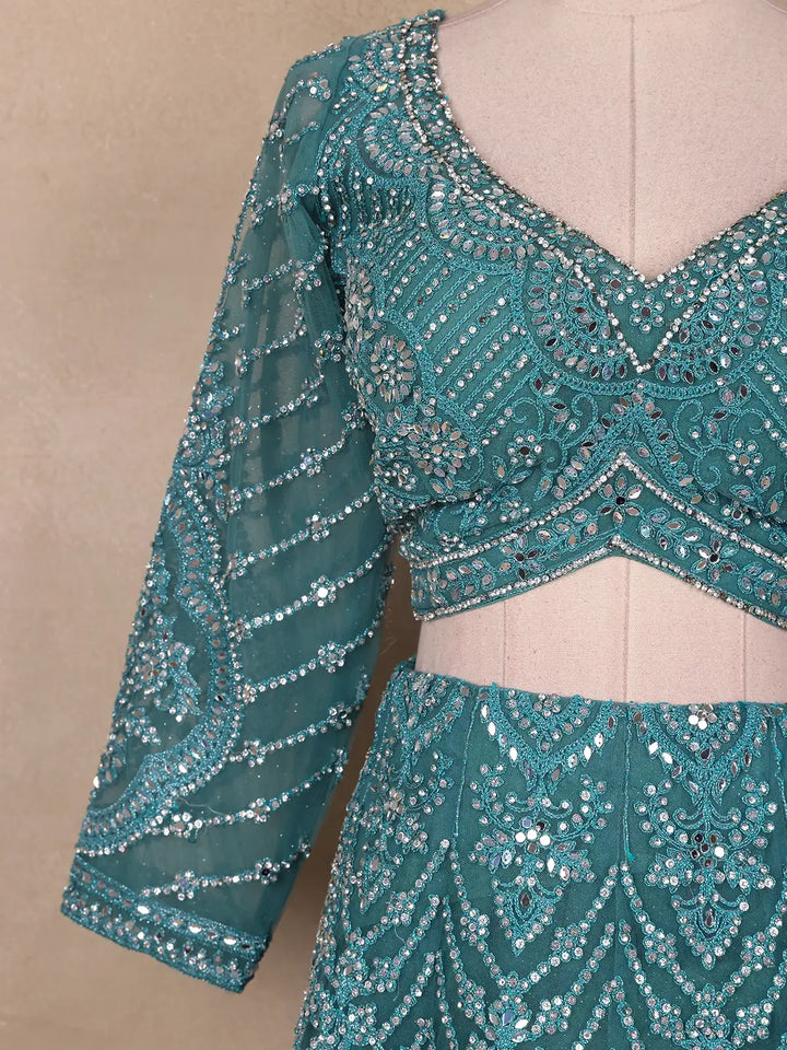 Teal Green Floral And Mirror Embroidered Net Bridal Lehenga Set - Diadem