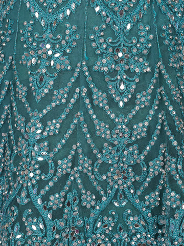 Teal Green Floral And Mirror Embroidered Net Bridal Lehenga Set - Diadem
