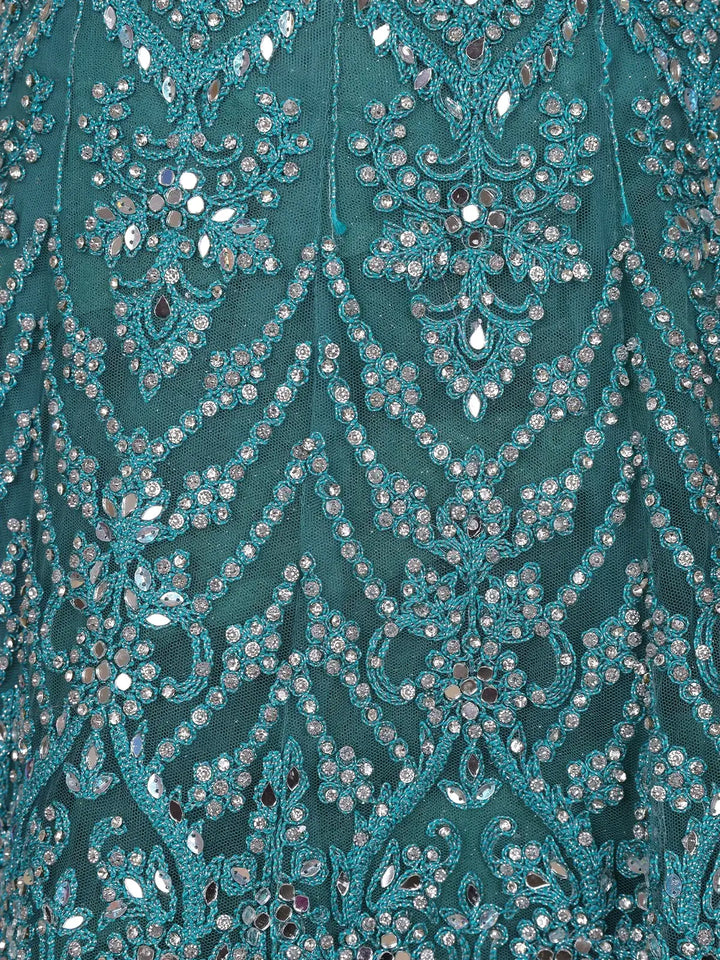 Teal Green Floral And Mirror Embroidered Net Bridal Lehenga Set - Diadem