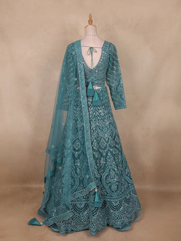 Teal Green Floral And Mirror Embroidered Net Bridal Lehenga Set - Diadem
