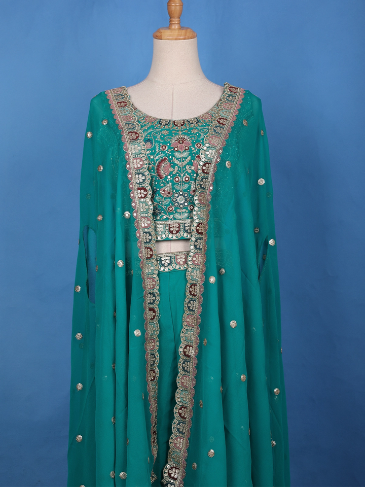 Teal Green Floral Design Sequin Embellishment Georgette Skirt Top - Diadem