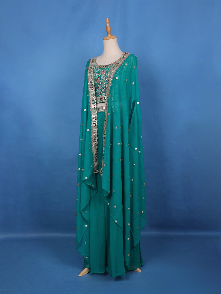 Teal Green Floral Design Sequin Embellishment Georgette Skirt Top - Diadem